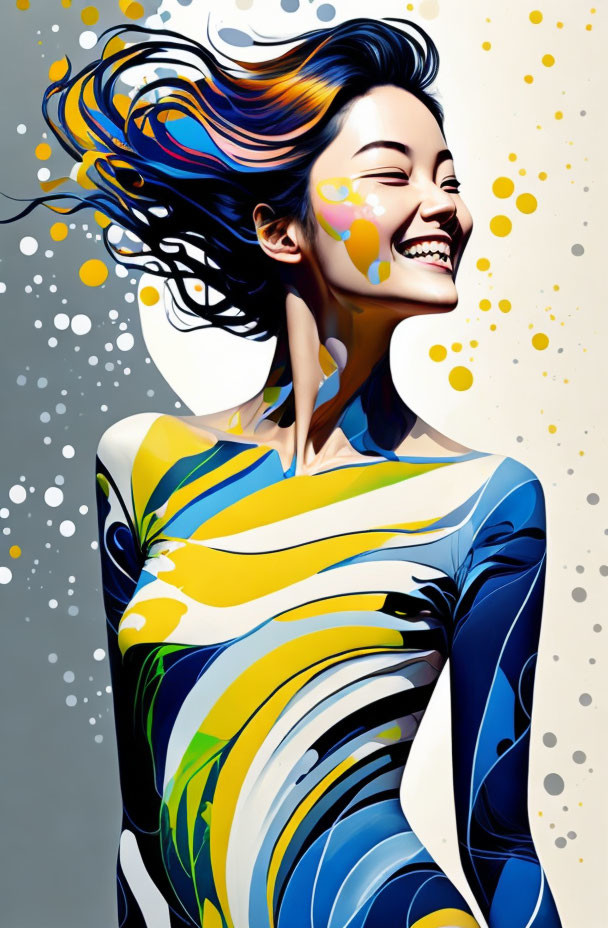 Colorful illustration of smiling woman with flowing hair and intricate patterns