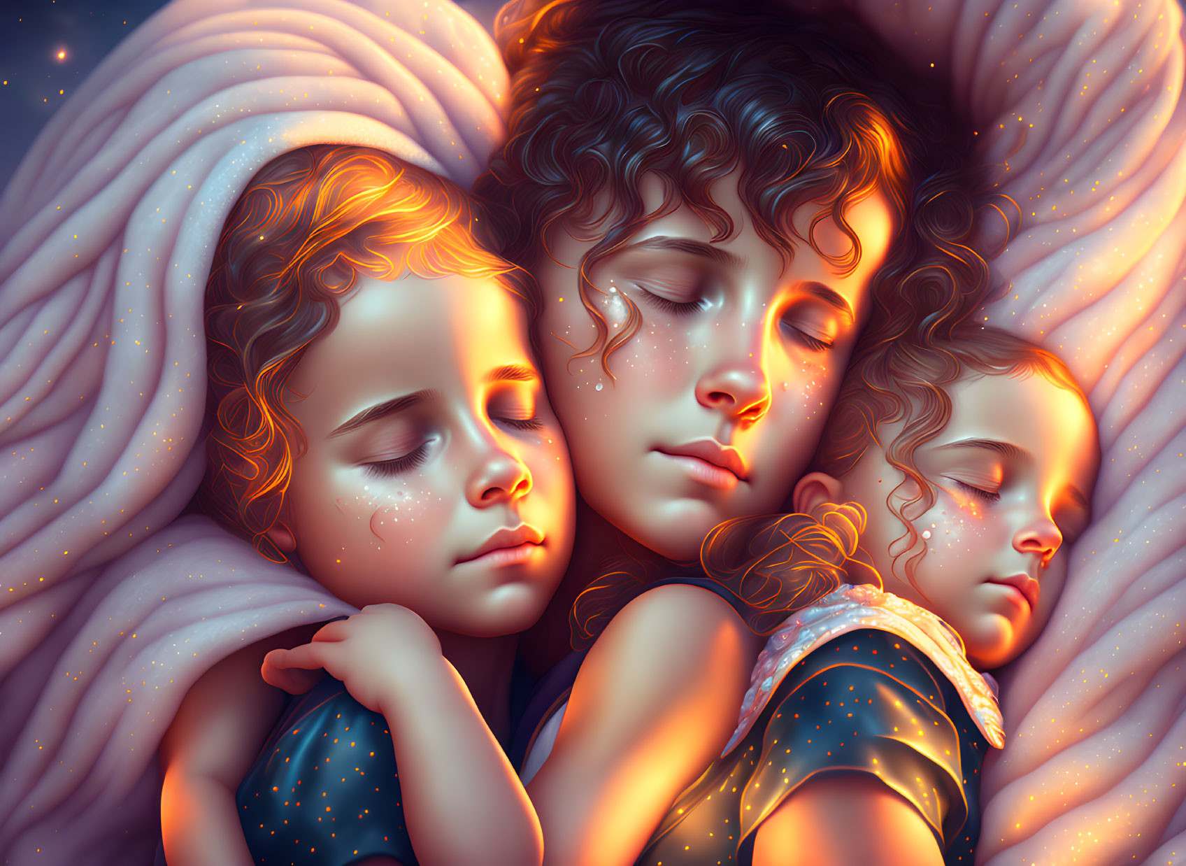 Three children in celestial-themed clothing sleeping peacefully in starlit glow