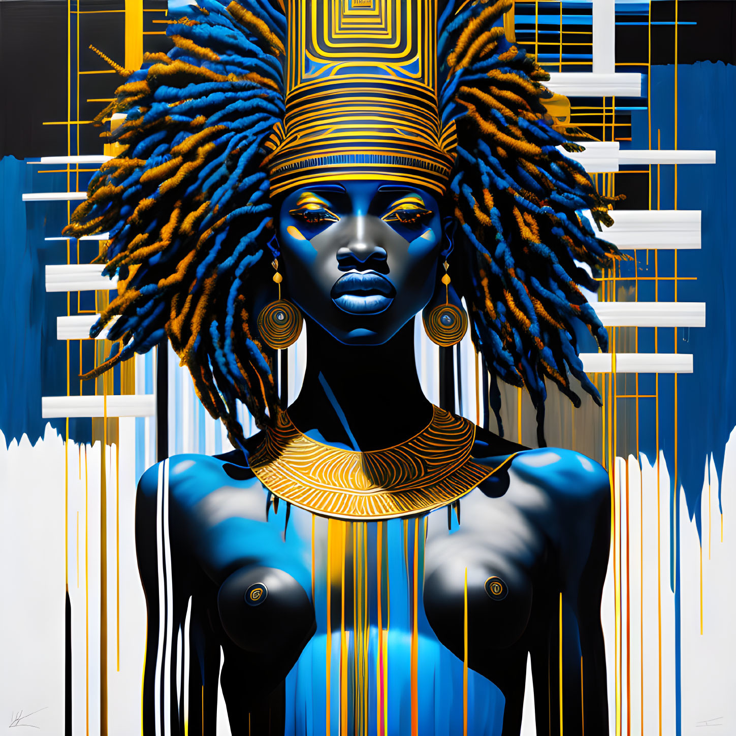 Abstract painting of woman with blue skin and gold headgear in geometric setting