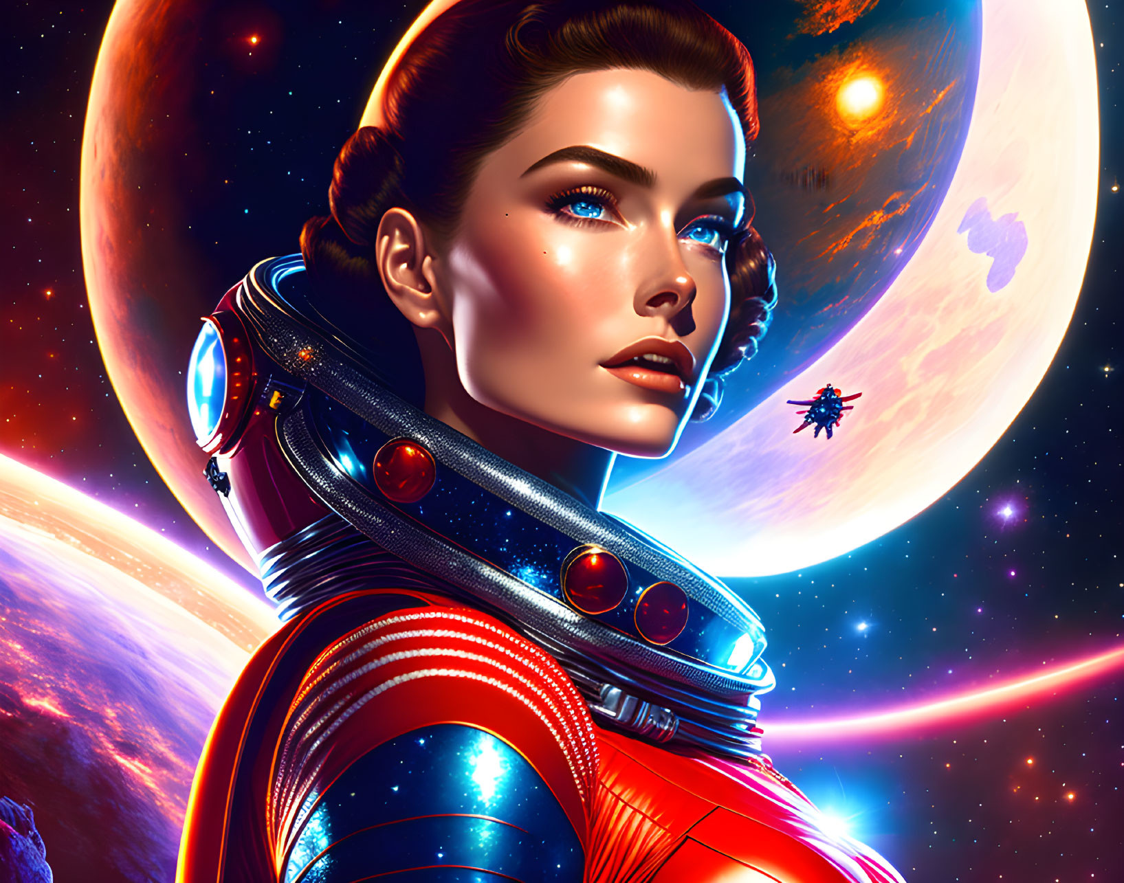 Colorful Female Astronaut Artwork with Cosmic Space Theme