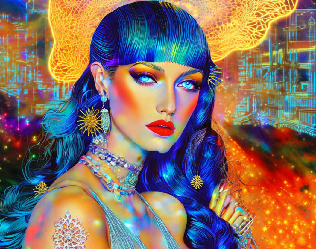 Colorful portrait of woman with blue hair and cosmic background.