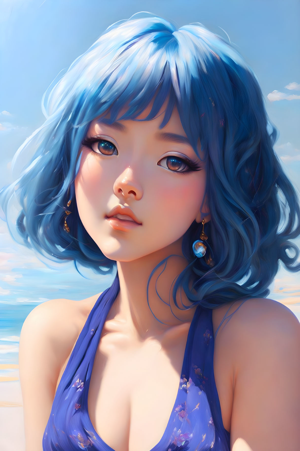 Digital artwork: Female character with wavy blue hair & brown eyes in floral blue dress under clear sky