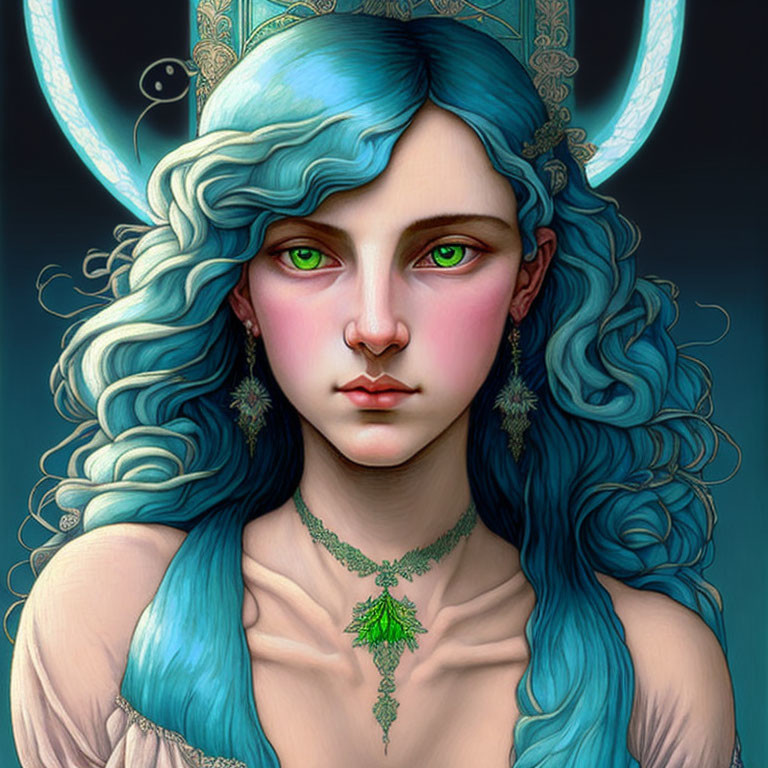 Mythical female digital artwork with blue hair, green eyes, horns, and crescent moon symbol