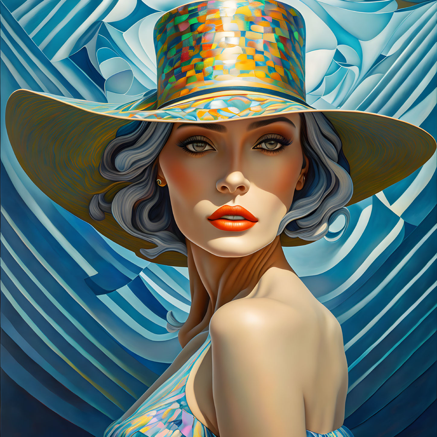 Stylized portrait of woman with silver hair and mosaic hat on blue background