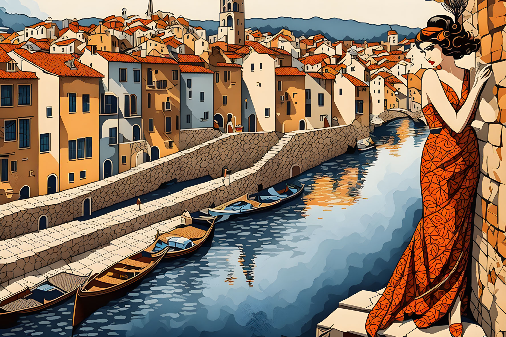 Art Deco style illustration of woman in orange dress by Venetian canal