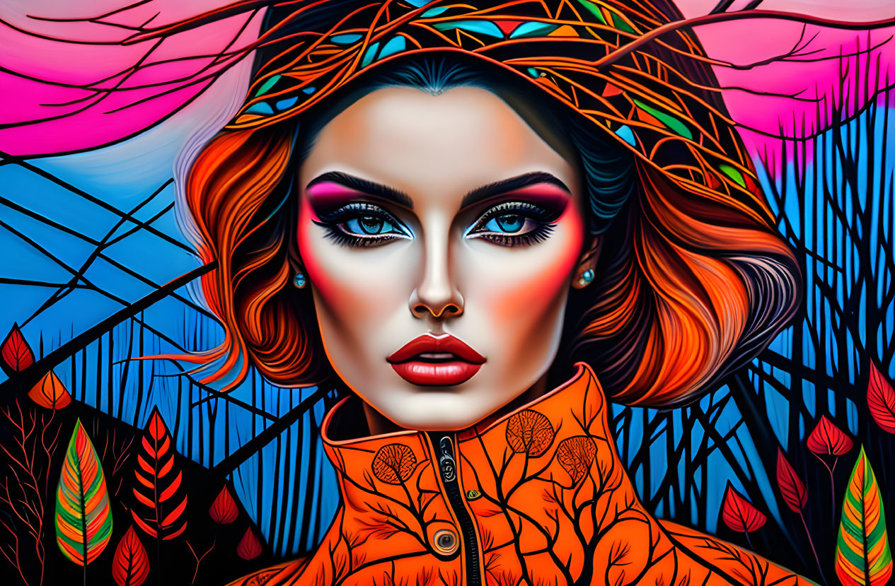 Colorful digital artwork: woman with bold makeup in orange jacket on surreal blue background.