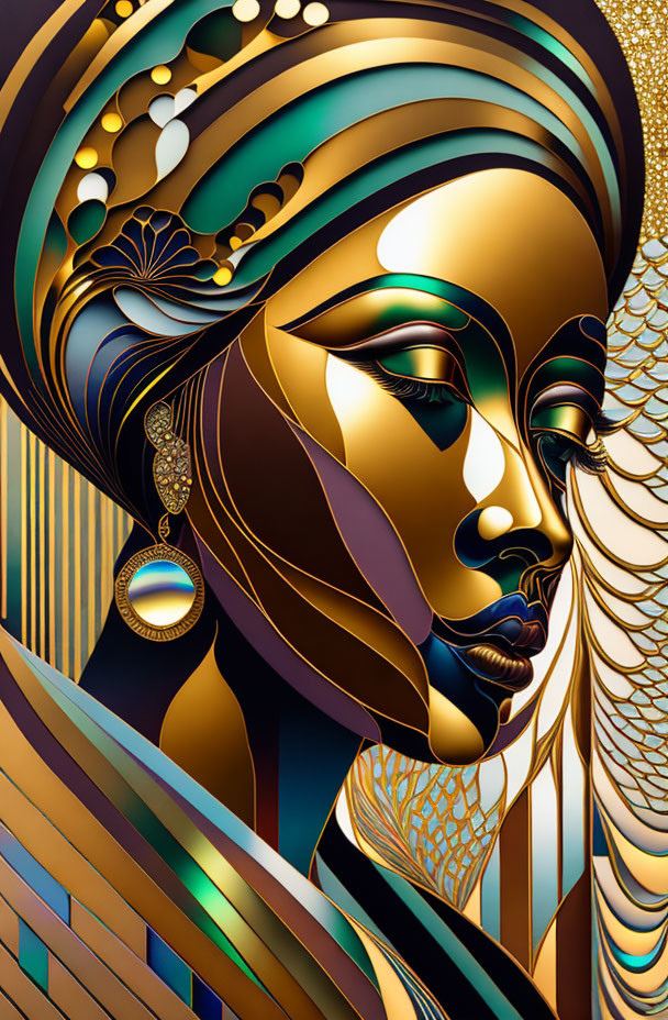 Stylized female figure with elegant lines and gold accents