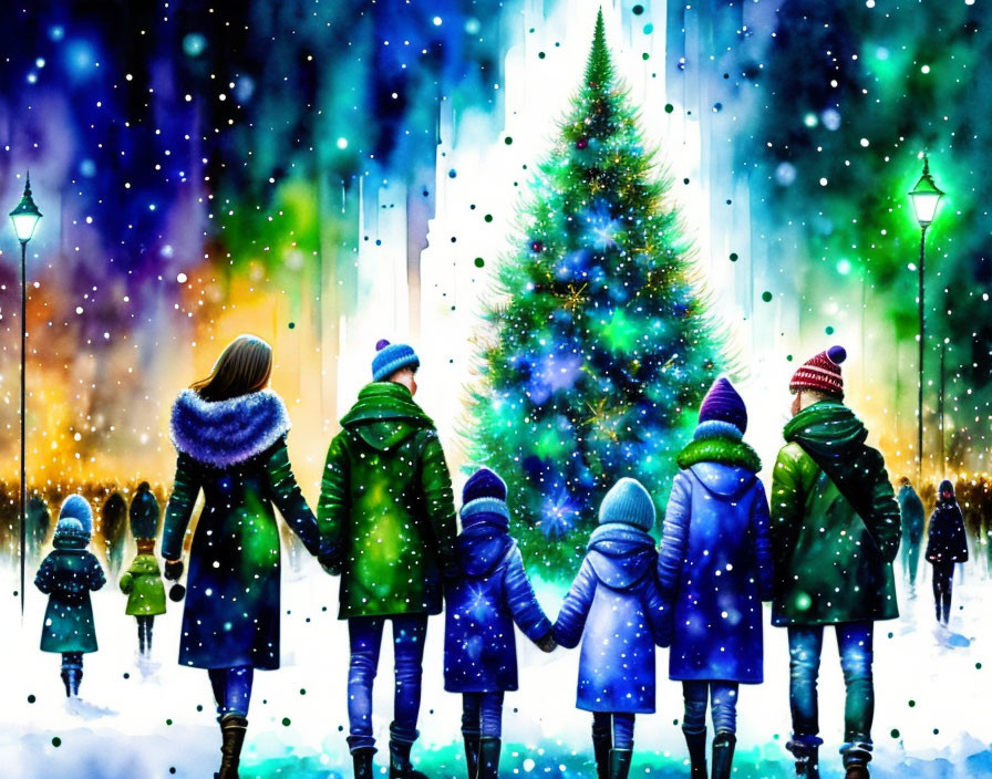 Family Walking Towards Brightly Lit Christmas Tree in Snowfall