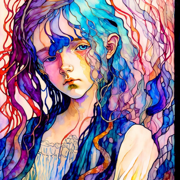 Colorful portrait of girl with flowing hair on stained-glass background