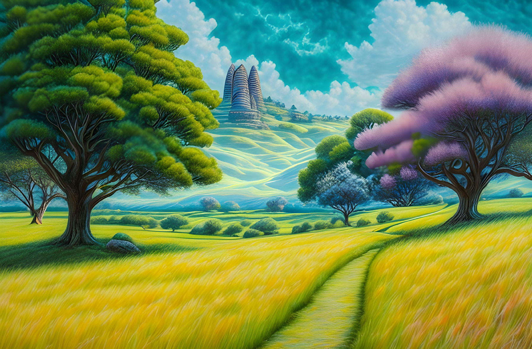 Vibrant surreal landscape with rolling hills, winding path, whimsical trees, and unique rock formations