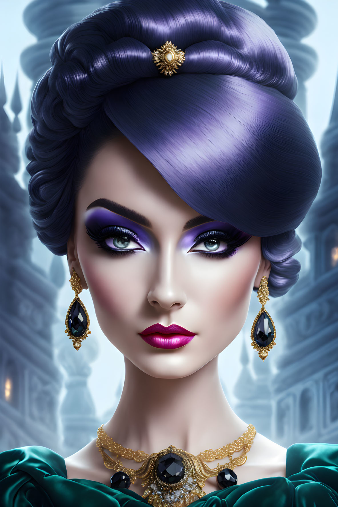 Stylized digital portrait of a woman with lavender hair, dramatic makeup, and elegant green attire.