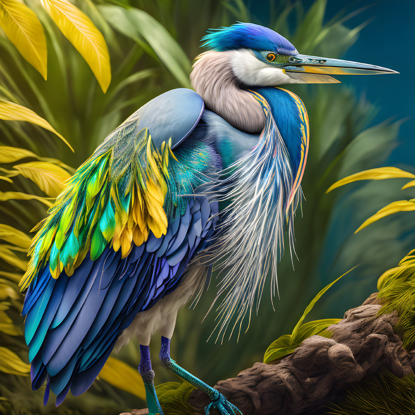 Colorful Heron Illustration with Tropical Foliage