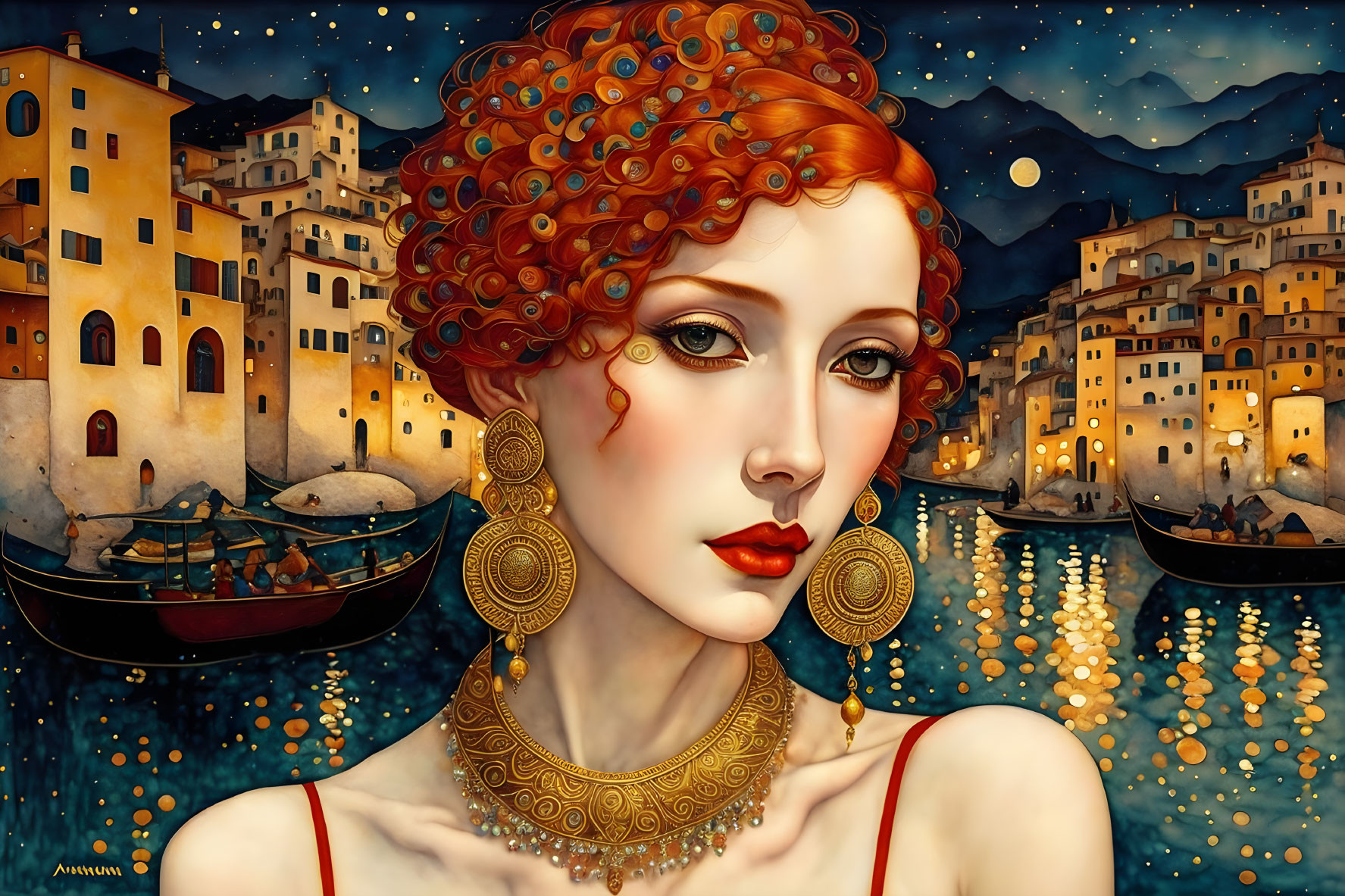 Stylized portrait: Woman with red curly hair, gold earrings, in town night sky reflection