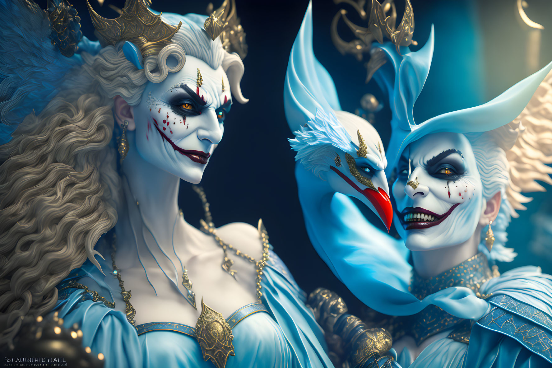 Elaborate white and gold costumes with horns and feathered headdresses