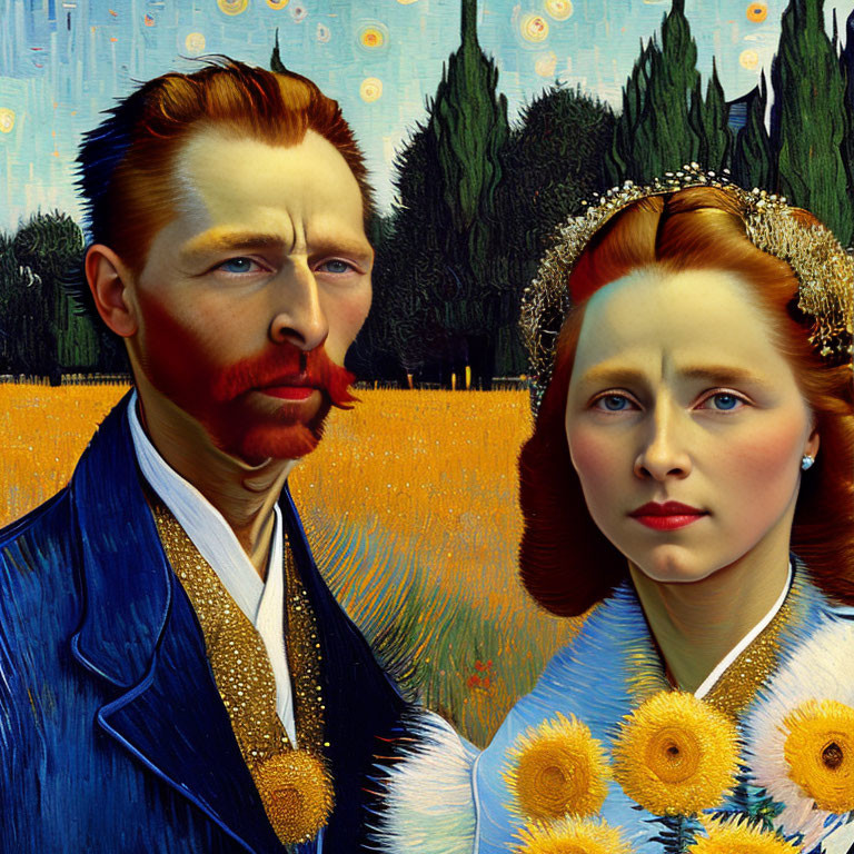 Stylized portrait of man and woman with Van Gogh features in sunflower attire on starry