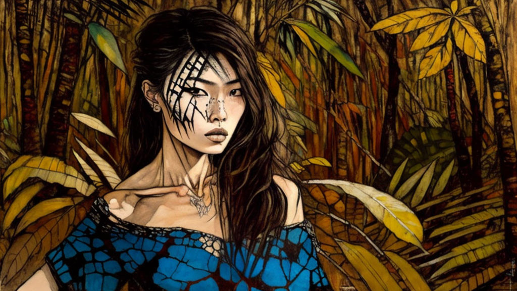 Illustrated woman in blue garment with web-like facial pattern in dense jungle.