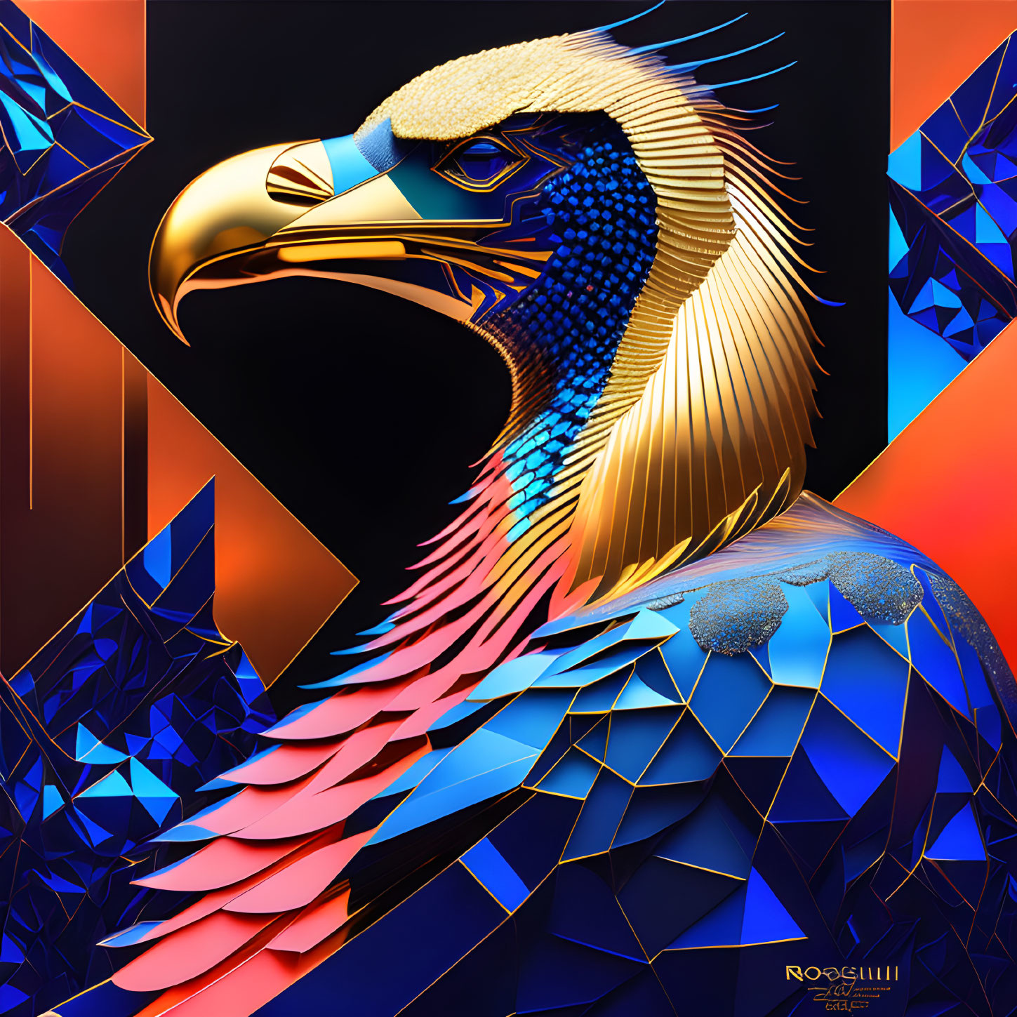 Colorful digital eagle art with geometric patterns in gold, blue, and orange on dark background