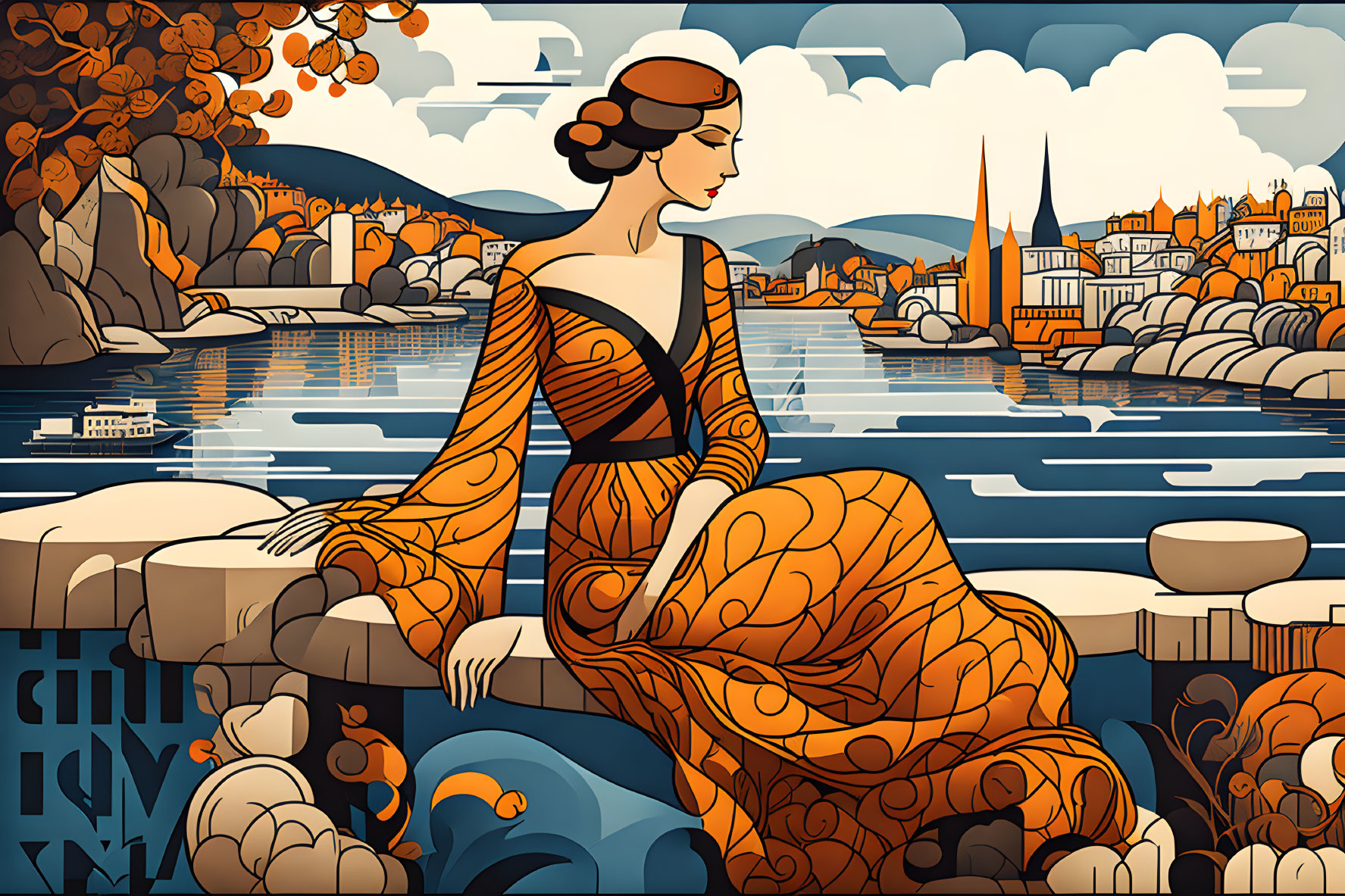 Art Deco Style Illustration of Woman by River with Cityscape