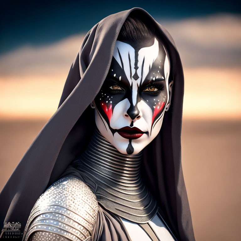 Black and white face paint design with hooded figure in metallic garment