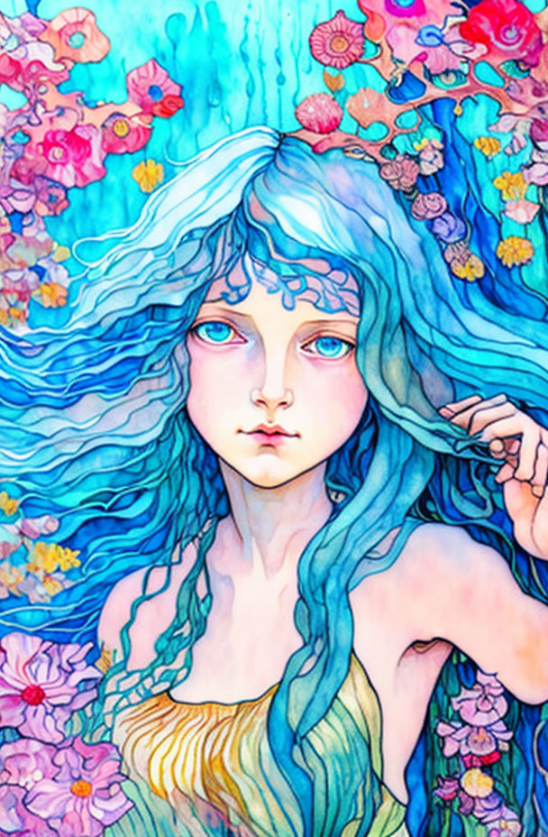 Colorful Watercolor Illustration of Female Figure with Blue Wavy Hair and Purple Eyes