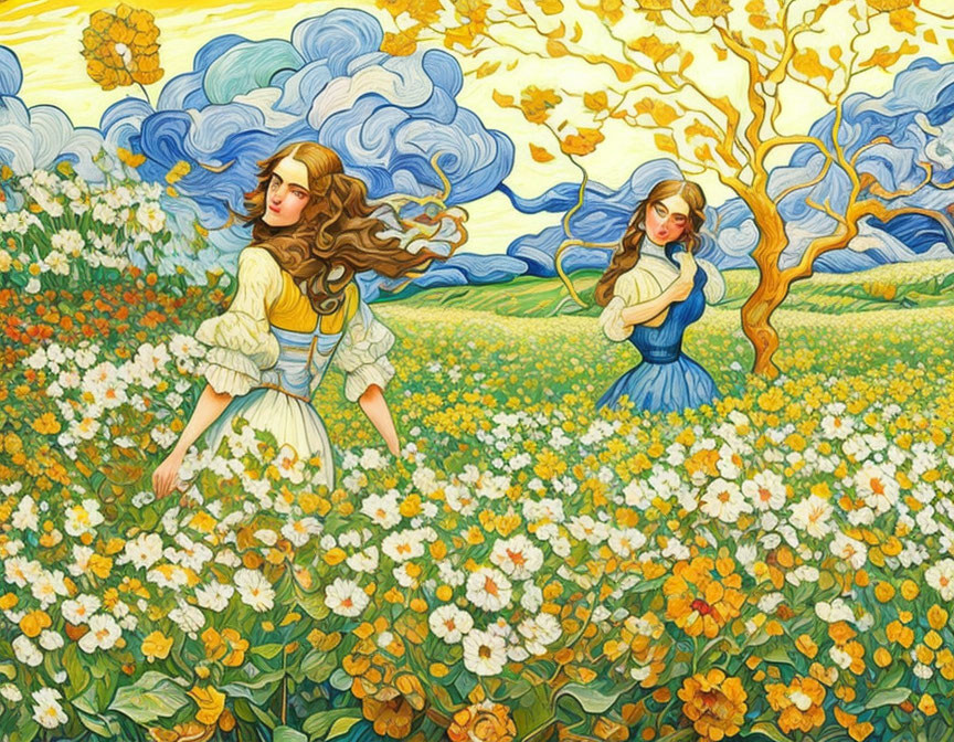 Vibrant field of flowers with two women and swirling skies