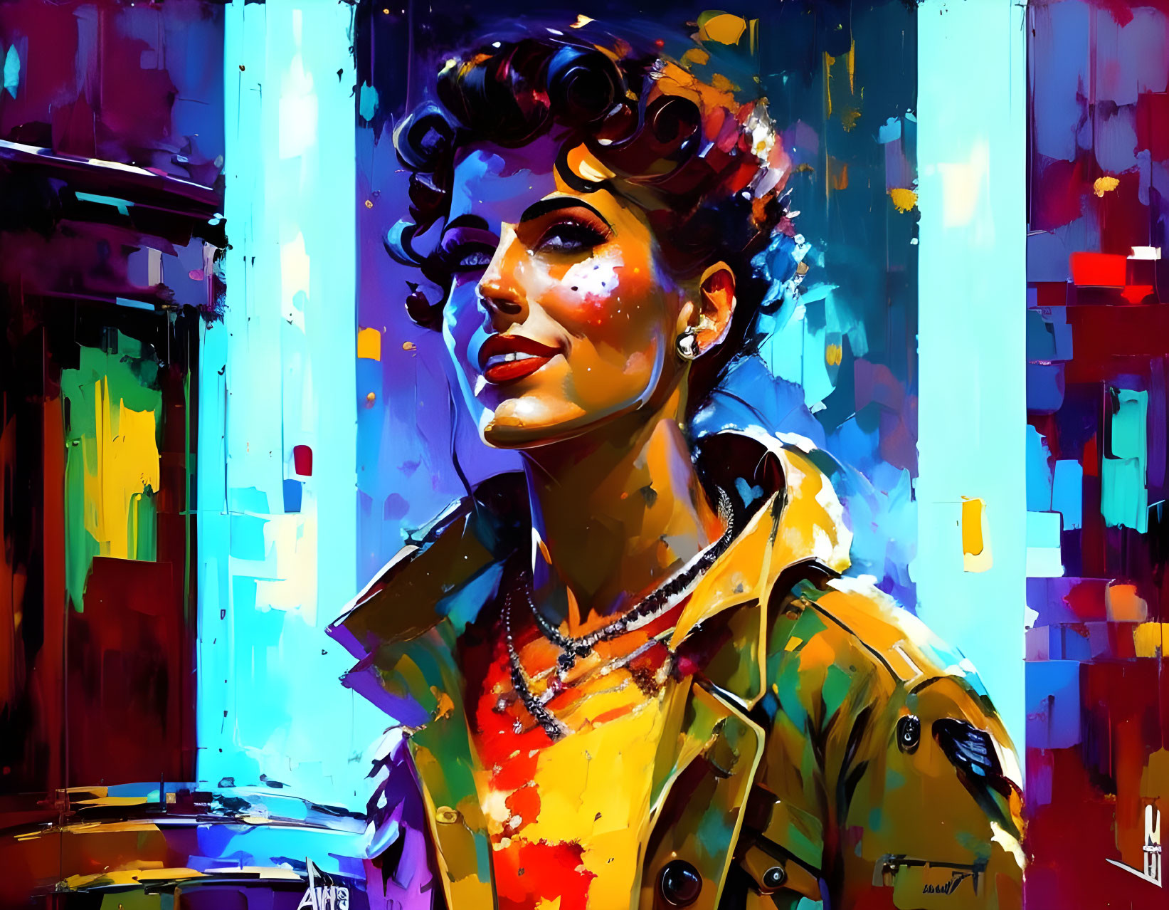 Abstract painting of smiling woman in classic hairstyle and jacket, vibrant colors.