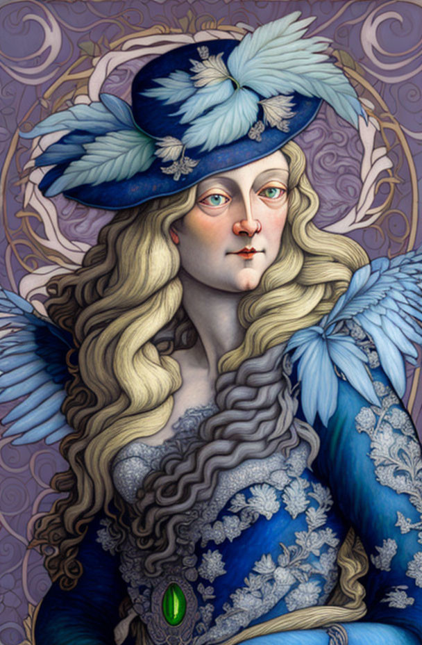 Regal Figure in Feathered Hat and Blue Attire