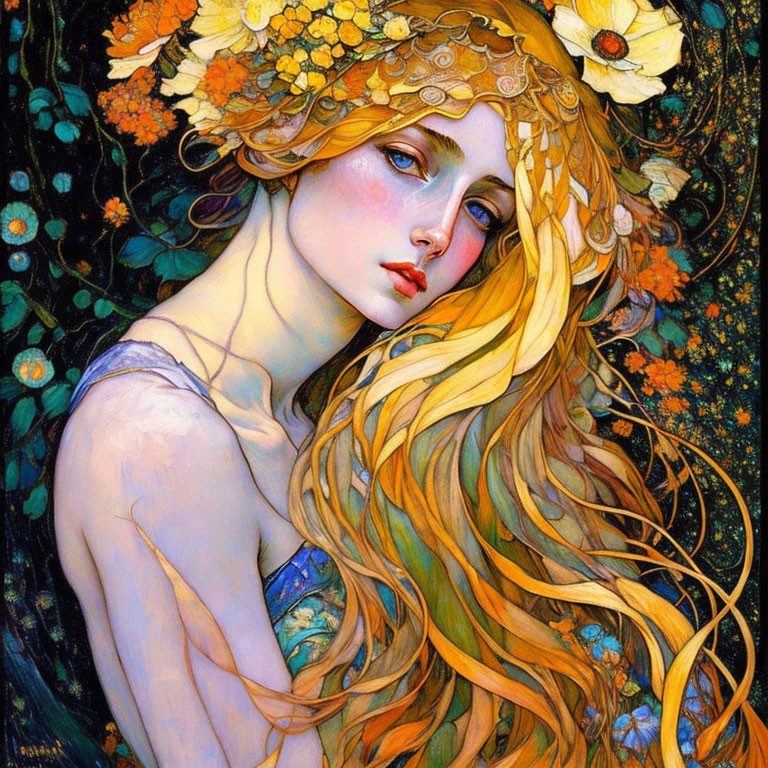 Woman with Golden Hair and Blue Garment in Floral Setting