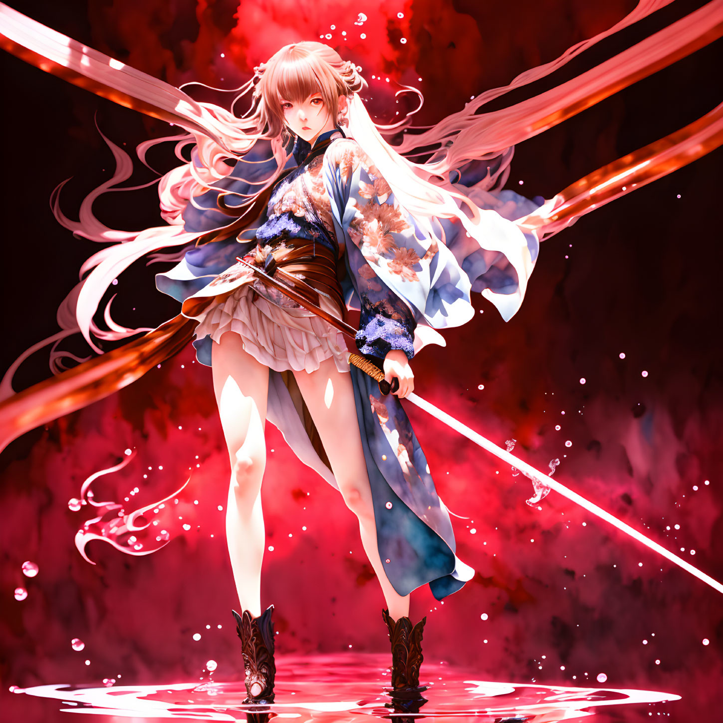 Anime-style girl in flowing kimono wields sword in vibrant red setting