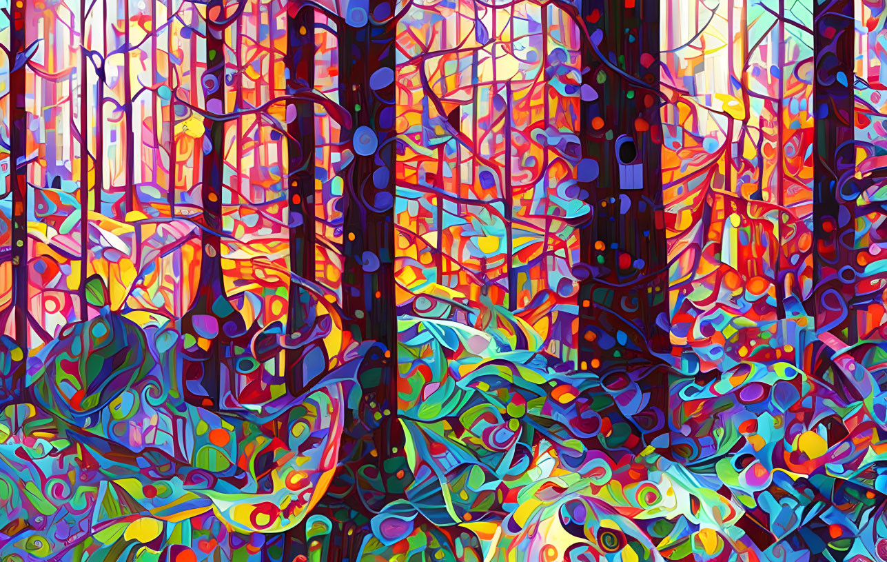 Colorful Abstract Forest in Stained Glass Style with Red, Blue, and Purple Hues