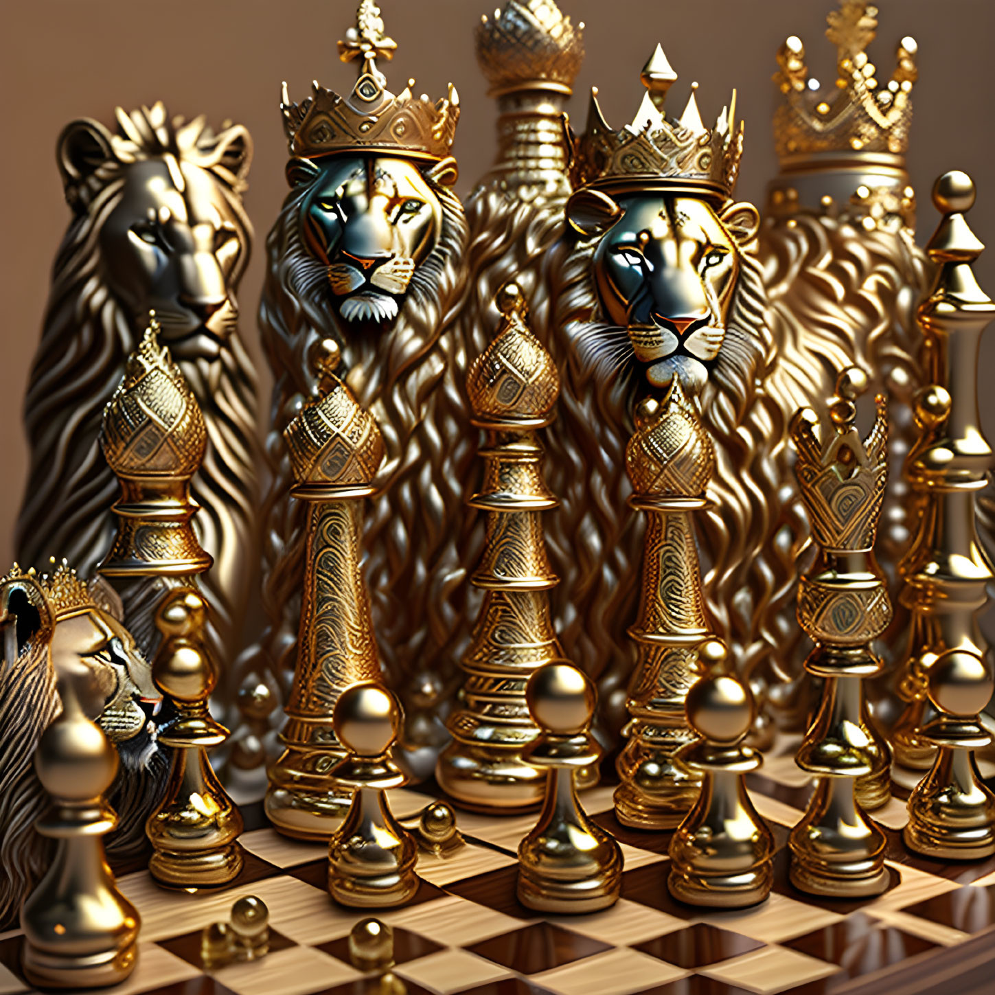 Intricate lion-themed chess set on checkerboard with crowns in warm light