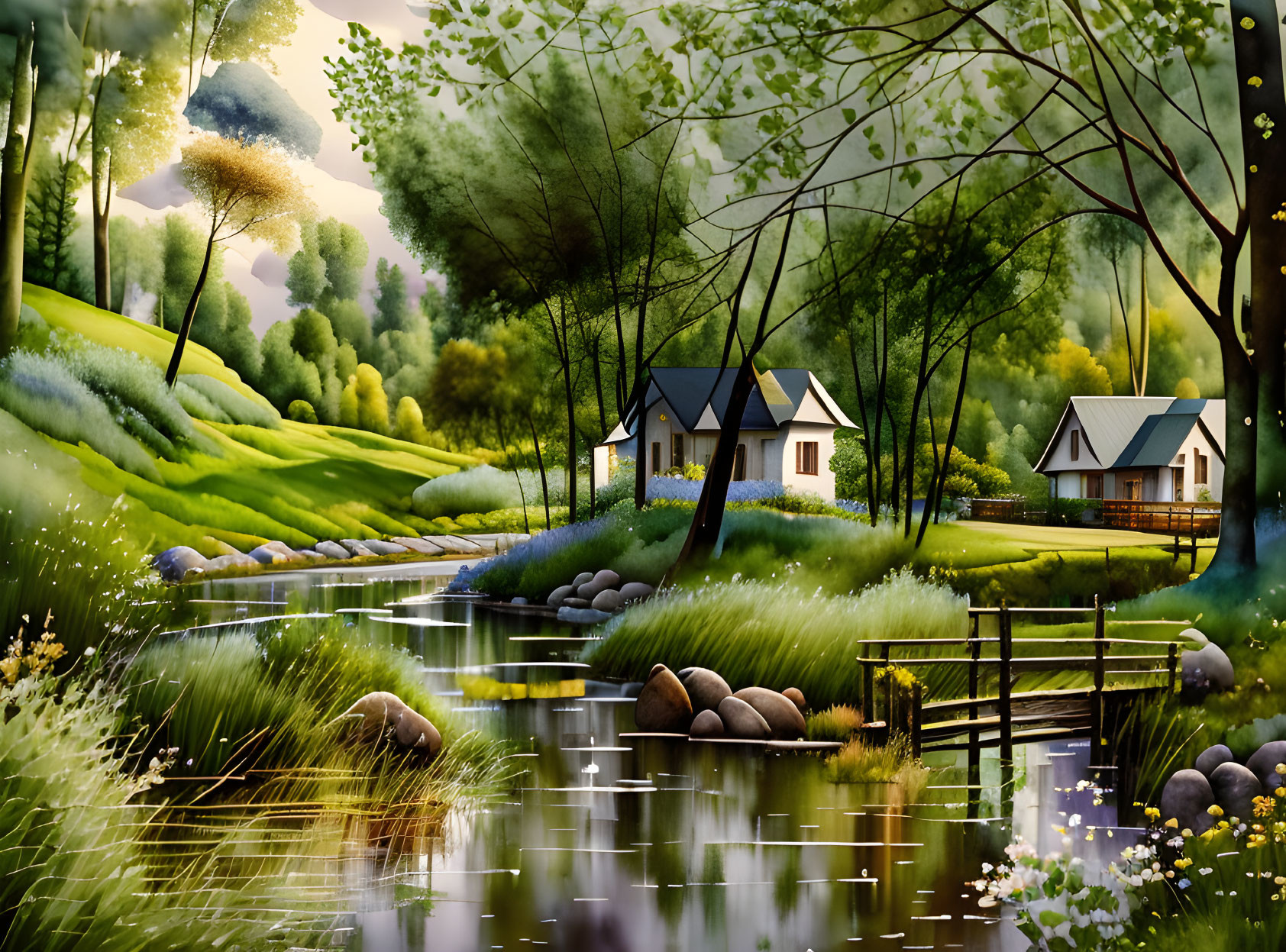 Tranquil countryside scene: two houses near stream, lush greenery, trees, wooden fence.