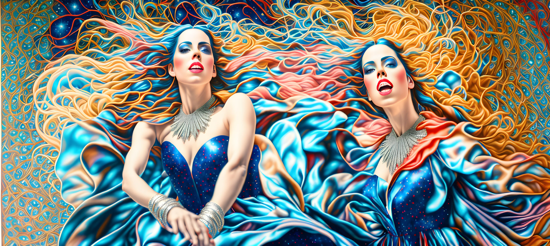 Two women in dramatic makeup and flowing gowns blend into vibrant abstract backdrop