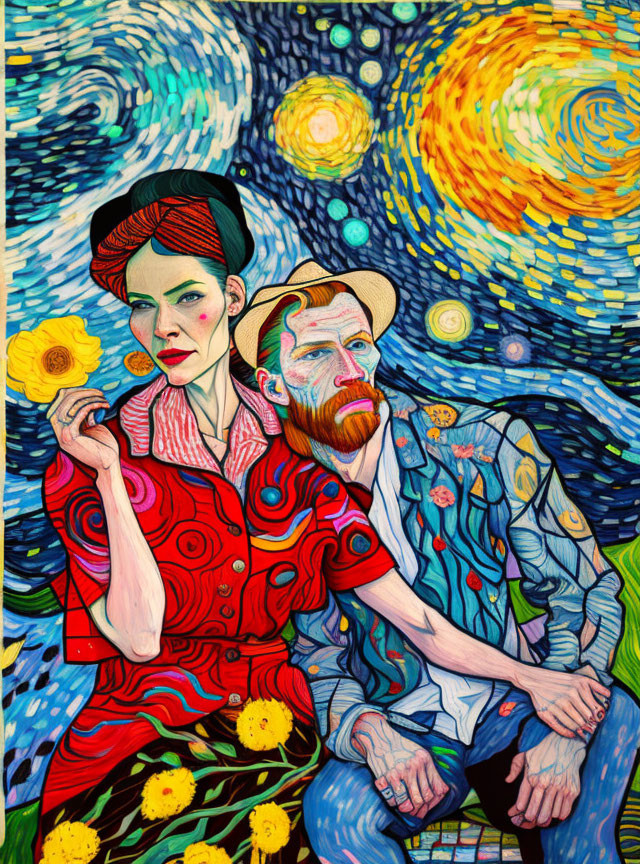 Colorful artwork featuring man and woman in Van Gogh-inspired scene