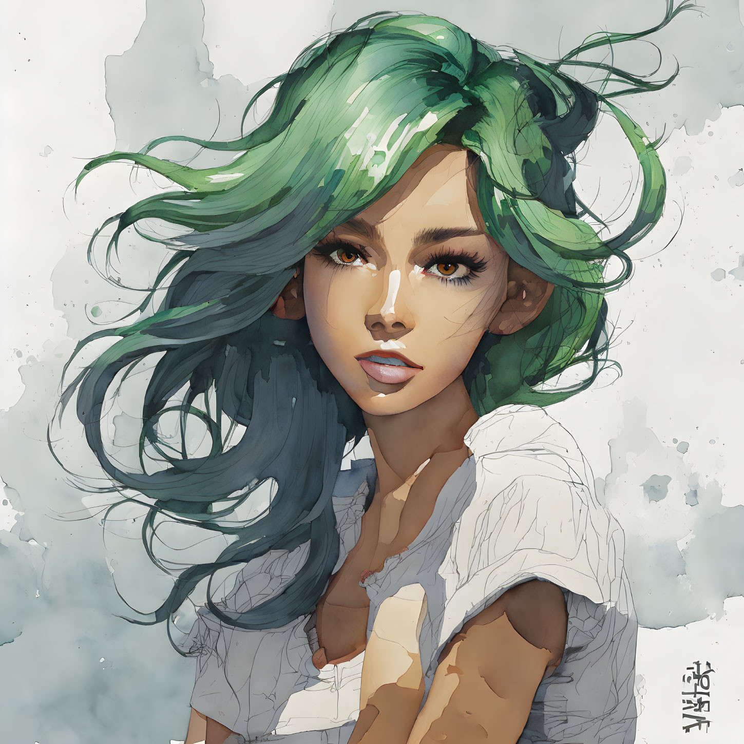 Woman with Green Hair and Amber Eyes in White Shirt on Watercolor Background