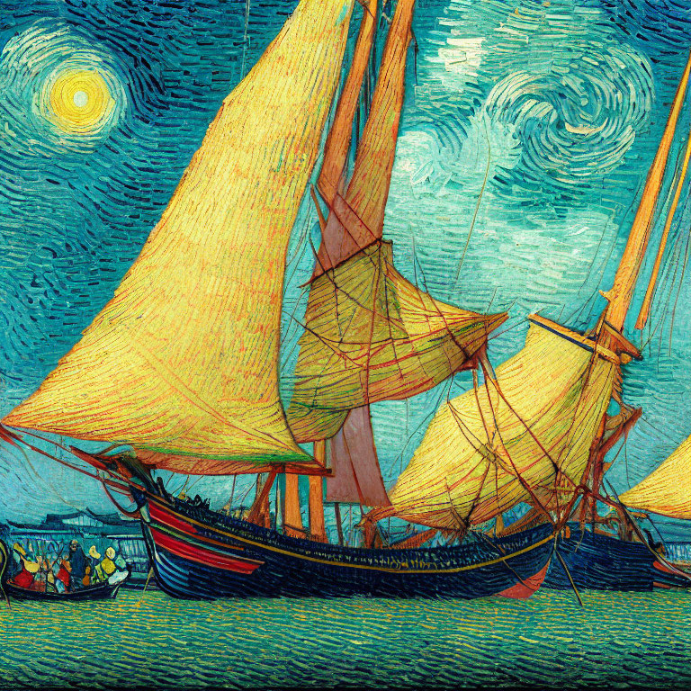 Impressionistic sailboat painting with bold strokes and swirling sky