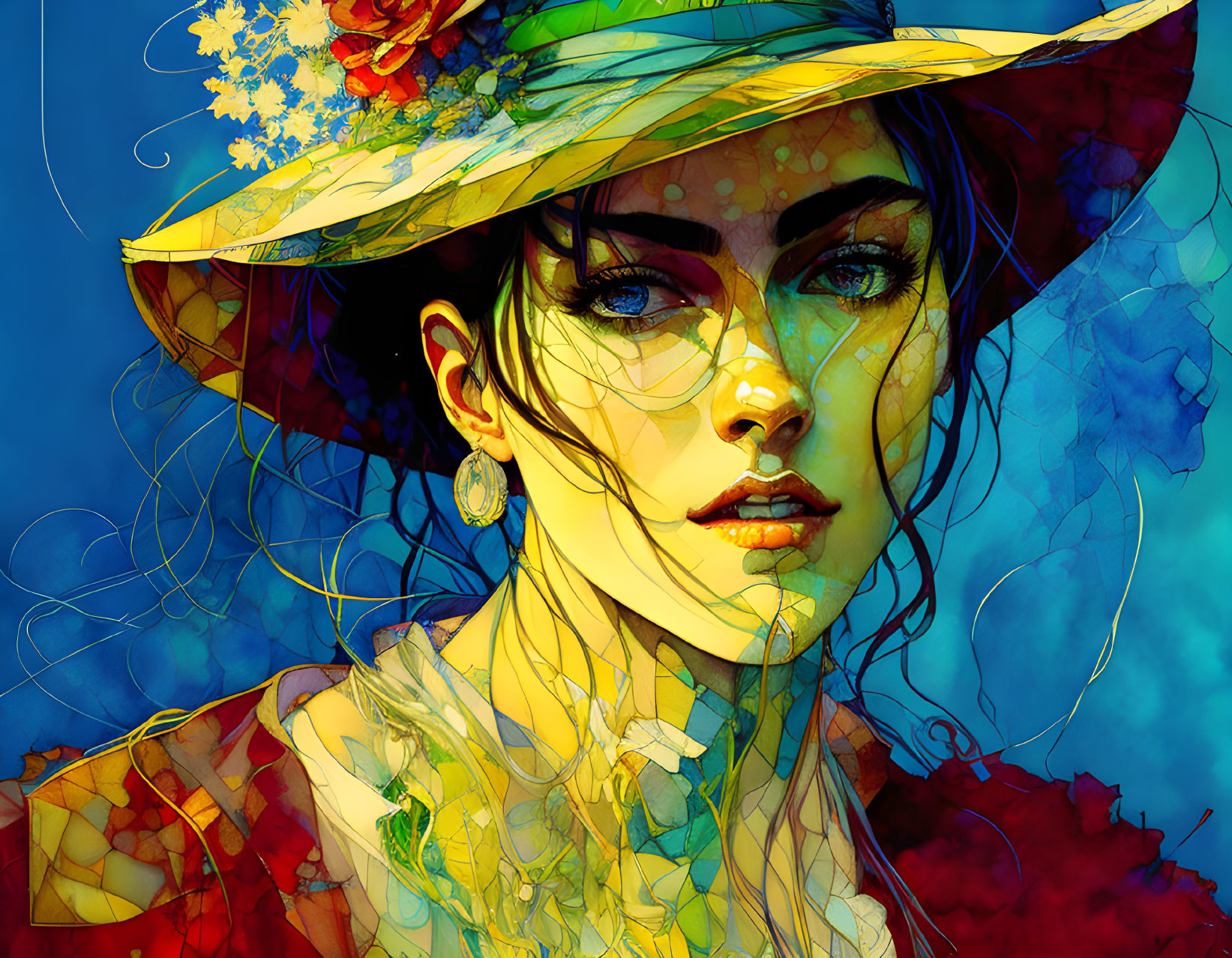 Colorful digital artwork: Woman with striking eyes in flowered hat on swirling blue backdrop