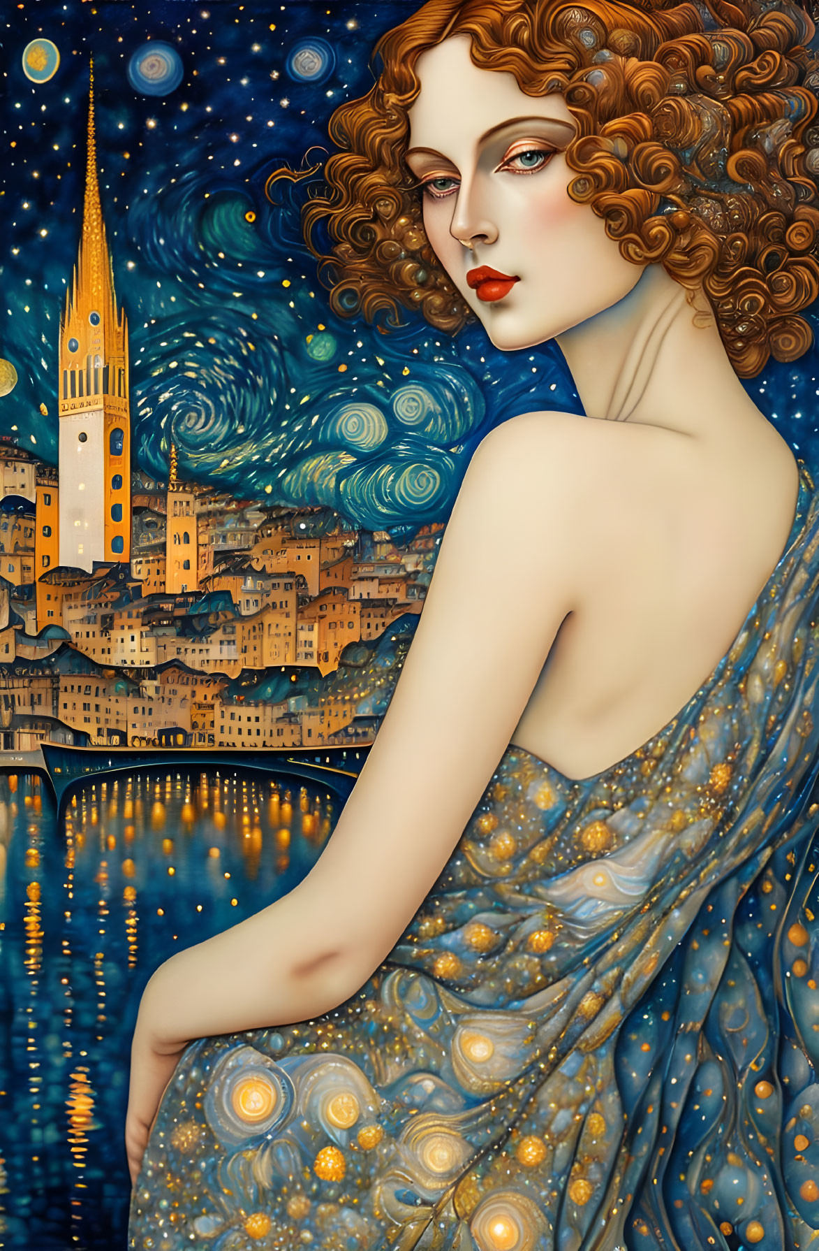 Stylized artwork of woman with curly hair in night sky cityscape