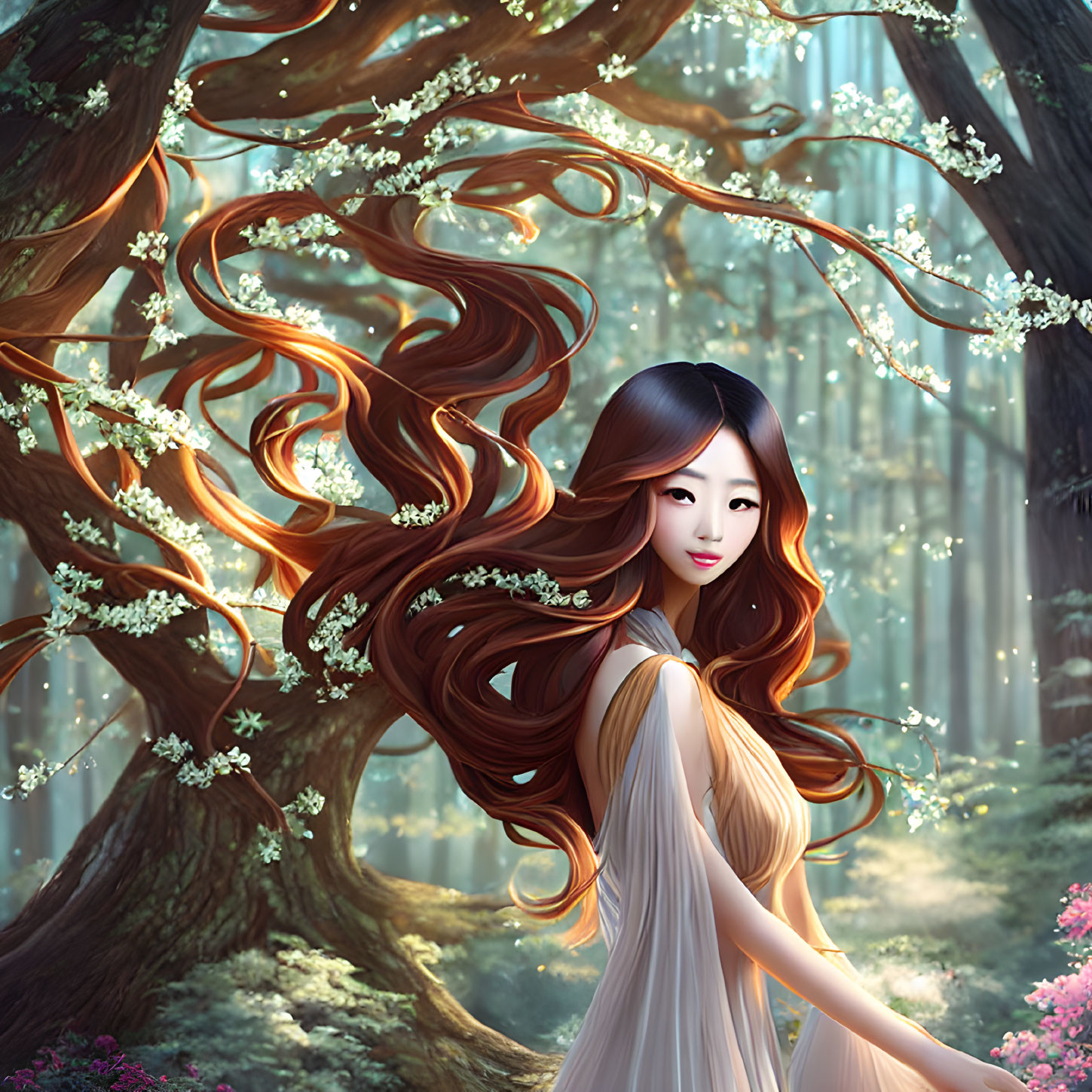 Illustrated woman with long hair in mystical forest with blooming trees