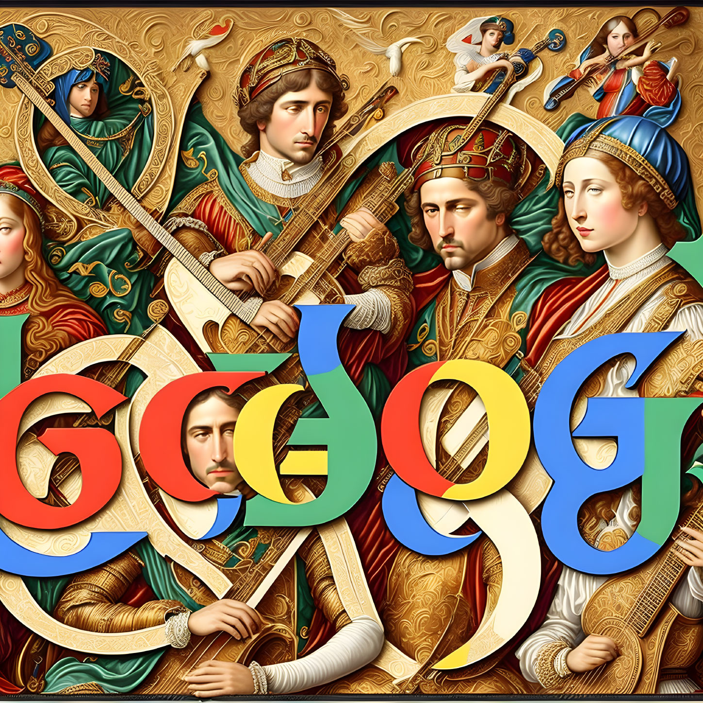 Classical-style artwork with elaborate figures and Google logo.