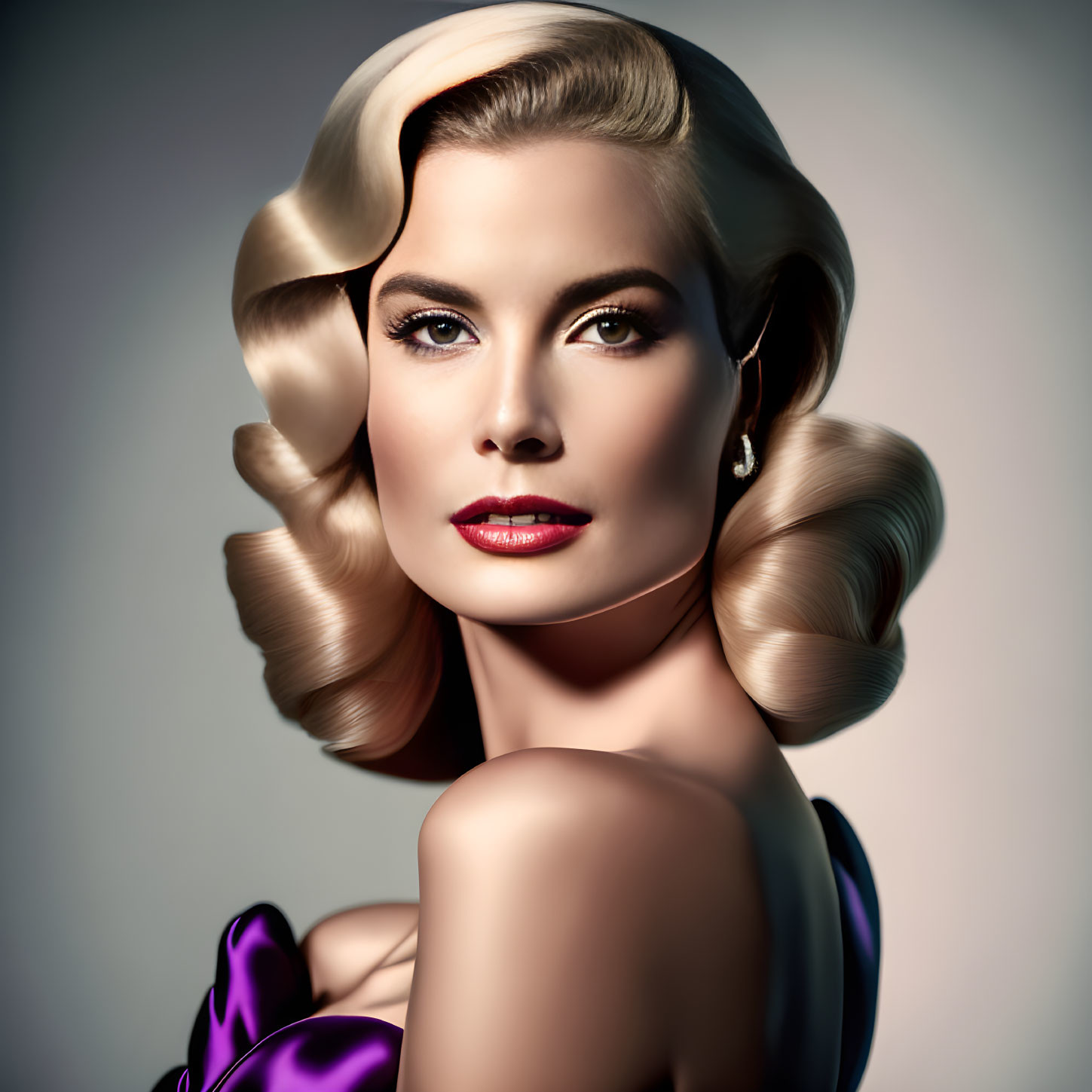 Digital Illustration: Woman with Vintage Hollywood Style in Purple Garment