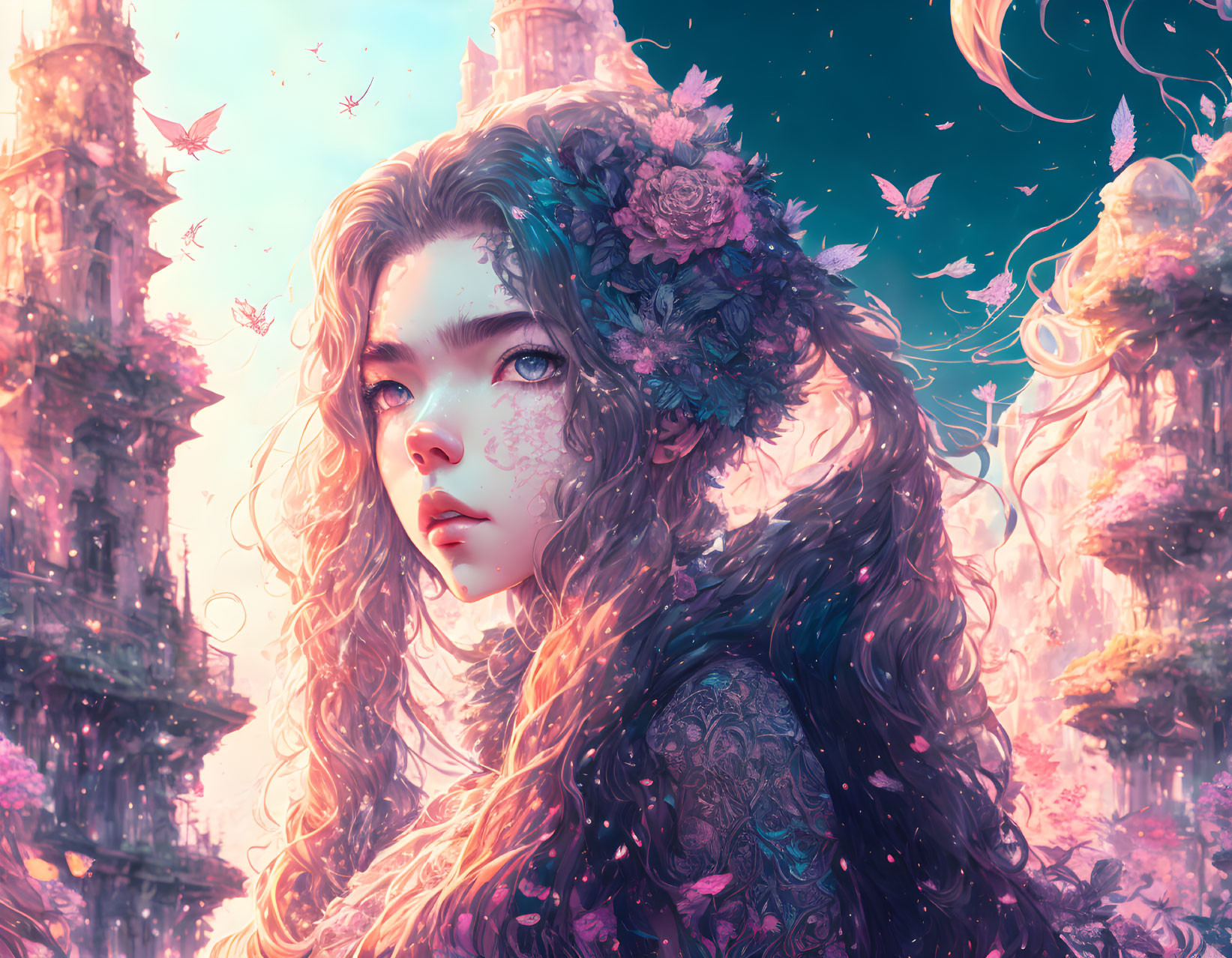 Digital artwork of woman with floral hair adornments in fantastical setting