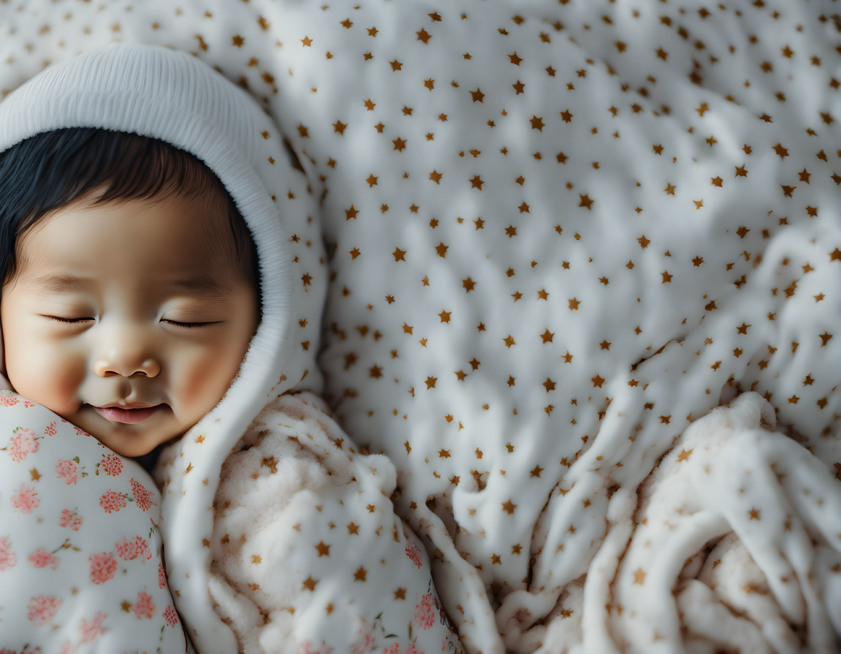 Sleeping Baby in White Beanie under Gold Star Blanket