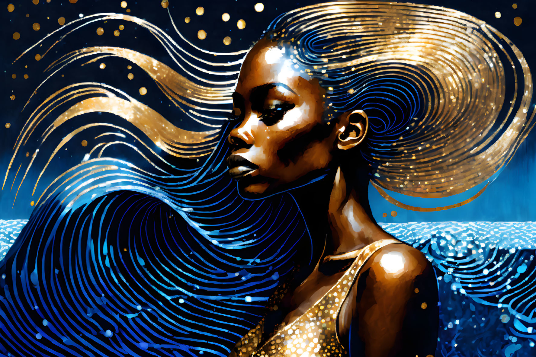 Golden-skinned woman with flowing hair in cosmic setting