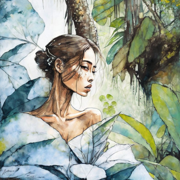 Illustrated woman blending with serene forest scenery