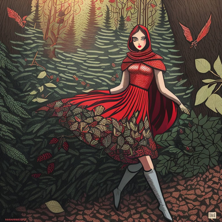 Illustration of girl in red hooded cape in lush forest