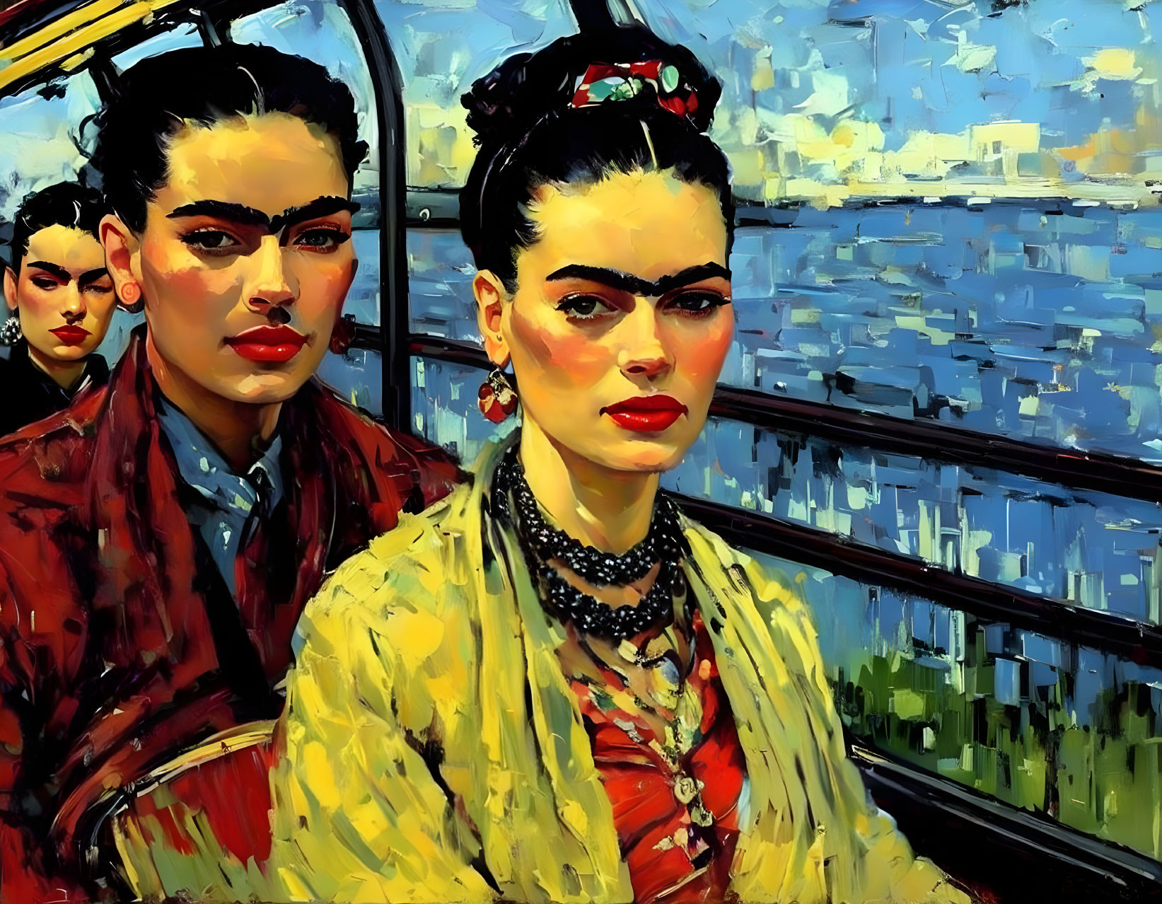 Vibrant impressionist painting of two women on public transport