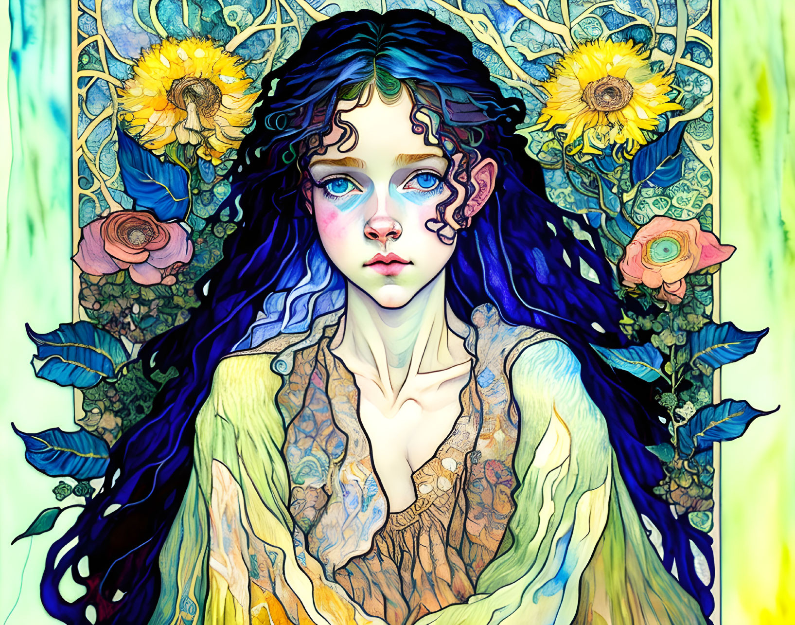 Portrait of young woman with blue eyes and dark curly hair, surrounded by sunflowers and art nouveau design