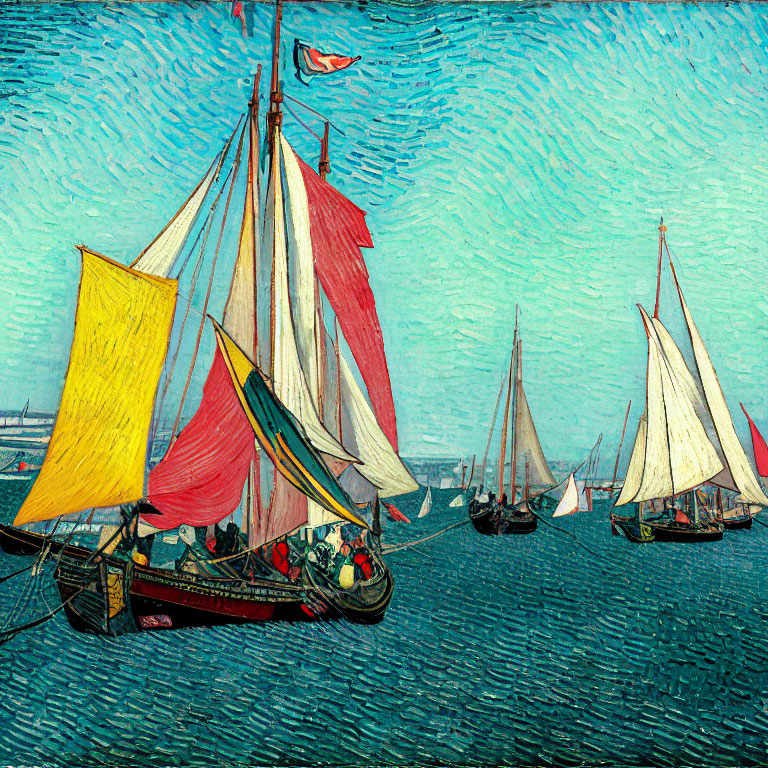 Colorful Vintage Sailboats Painting on Textured Blue Sea with Bridge