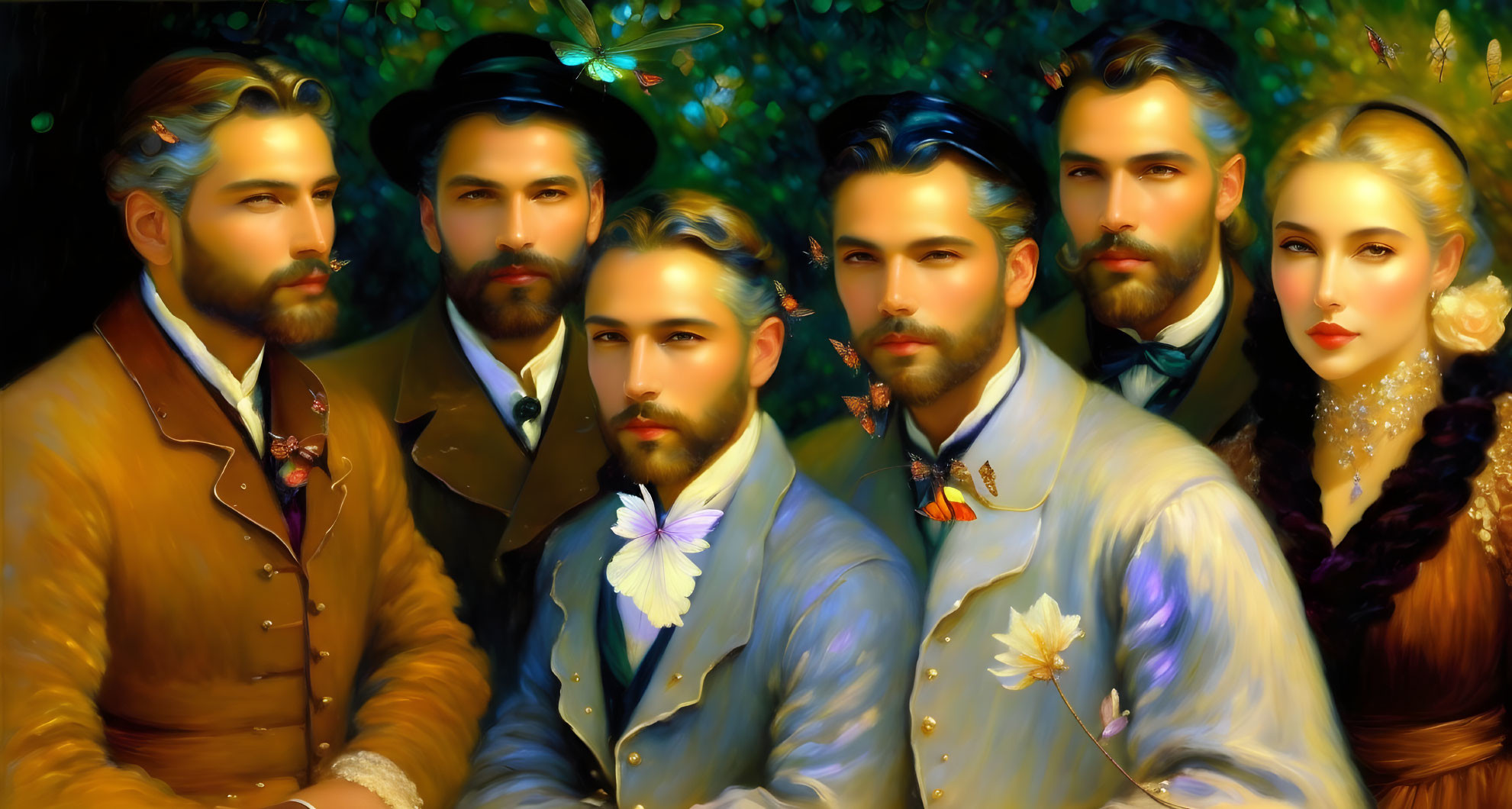 Elegant vintage attire worn by six individuals in vibrant illustration